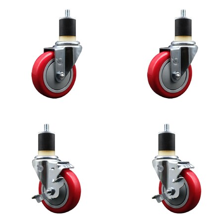 Service Caster 4'' SS Red Poly Wheel Swivel 1-7/8'' Expanding Stem Caster Set 2 Brakes, 4PK SCC-SSEX20S414-PPUB-RED-2-TLB-2-178